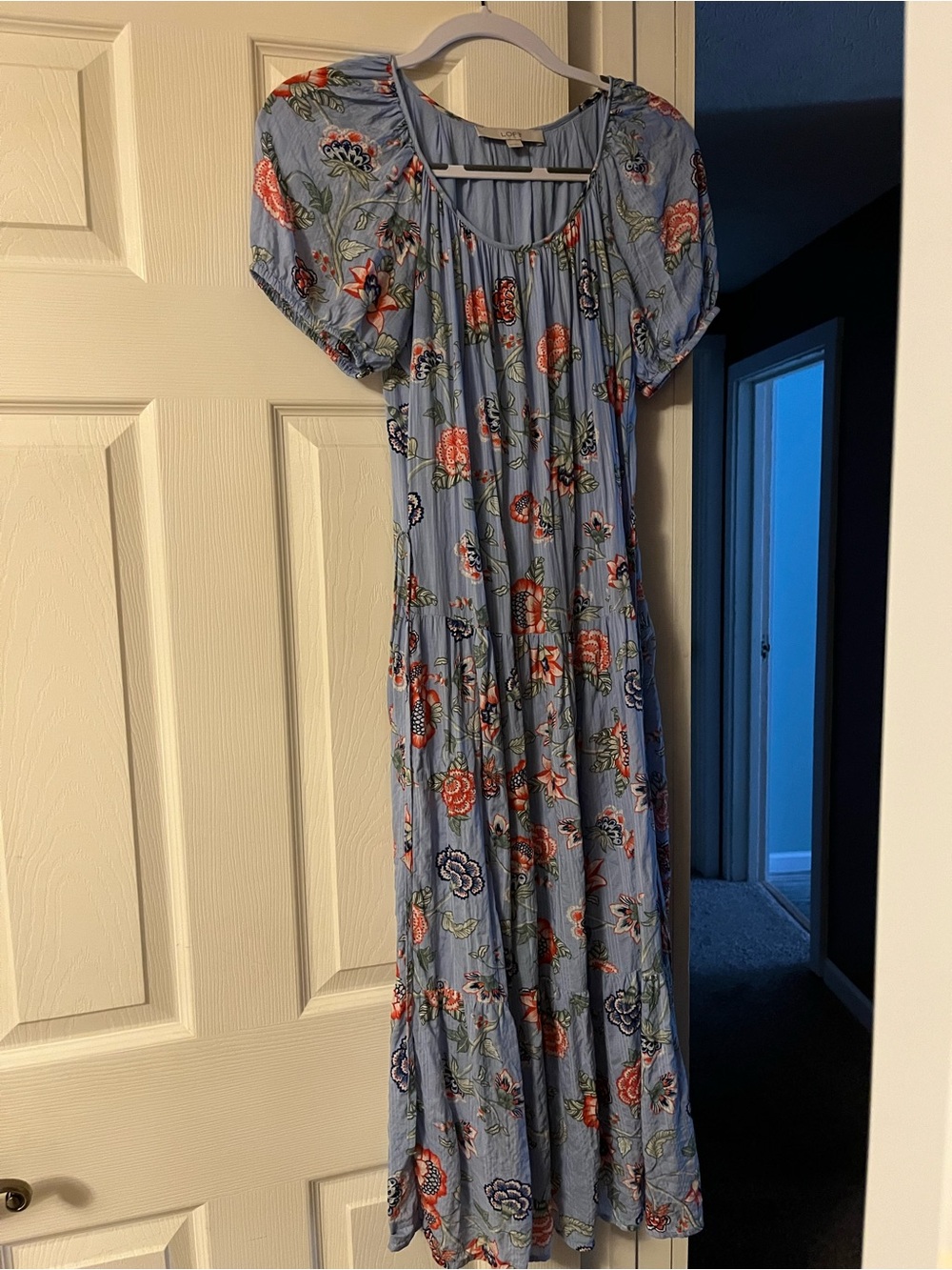 LOFT Light Blue Floral Maxi Dress with Puff Sleeves